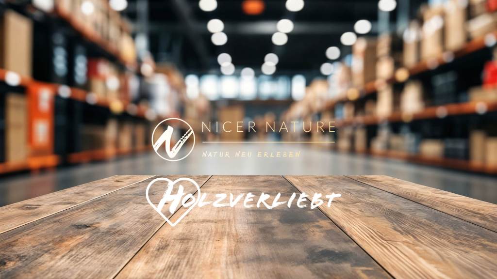 Logos von Nicer Nature und HOLZVERLIEBT vor einem Lagerregal